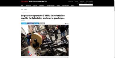 Crain's NY Bus NYS filming-tax incentives 2019